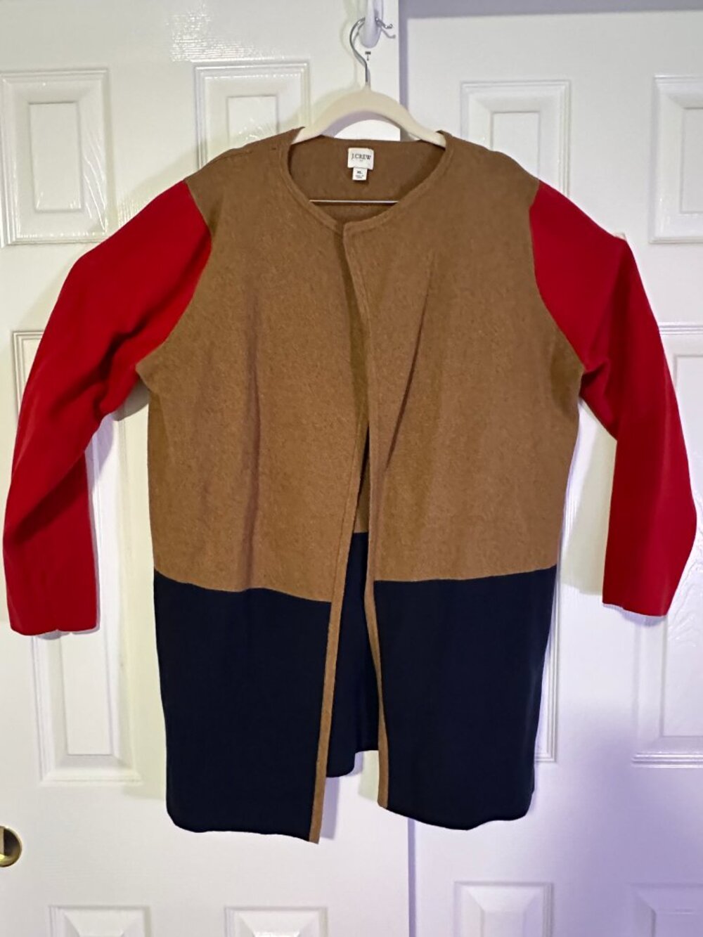 J.Crew Colorblock Open Front Vanessa Cardigan Sweater Red Brown Navy XL - Picture 2 of 5
